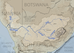 The course and watershed of the Orange River, Caledon River and Vaal River (ǀHaiǃarib). This map shows a conservative border for the watershed. Specifically, the Kalahari basin is excluded, as some sources say it is endorheic.[7] Some other sources using computational methods show a basin which includes parts of Botswana (and hence of the Kalahari).[8]