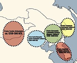 This map shows the most likely location of the Urheimats of the proposed Altaic languages.[a]