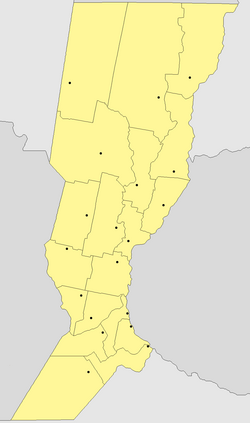 Simplified political map of Santa Fe Province, showing departmental borders and head towns