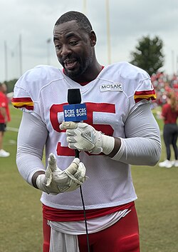 Chris Jones being interviewed by CBS Sports at Kansas City Chiefs training camp in August 2026