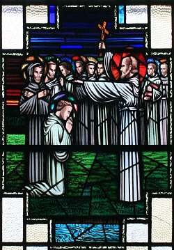 Finnian of Clonard imparting his blessing to the "Twelve Apostles of Ireland"
