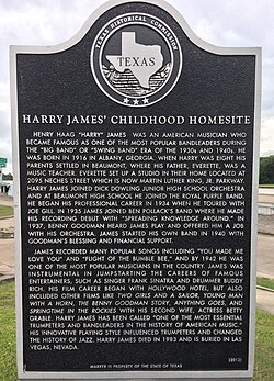 Texas Historical Commission's marker at the childhood homesite of Harry James in Beaumont, Texas.