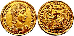 Gold solidus of Constantius Gallus. A paternal cousin of Constantius, he was made Caesar by Constantius in 350 and was married to the emperor's sister, Constantina. However, his mismanagement of the eastern provinces led to his death in 354.
