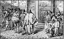 Early 19th century German engraving showing a crowd lamenting the expulsion of a monk from his secularized monastery