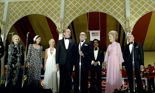 Berlin sings "God Bless America" with President Richard Nixon at the White House Vietnam POW Dinner (1973)