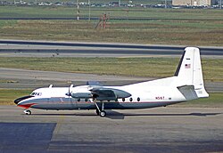 Fairchild F-27J executive aircraft of Tenneco at Chicago O'Hare Airport in 1979. The company also operated British Aircraft Corporation BAC One-Eleven jet aircraft in executive configuration.