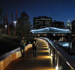 Orange boardwalk in Riverfront Park and Jackson Street Bridge