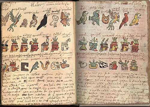 Folios 98 verso and 99 recto, showing aspects of the Aztec calendar: the birds of the day, the lords of the night, and the day signs.