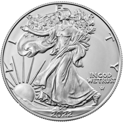 An American Silver Eagle bullion coin, minted from .999 fine silver