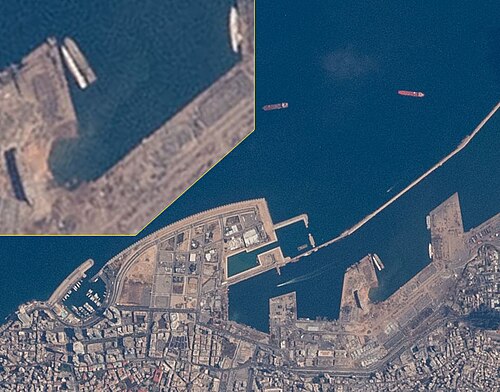 The Port of Beirut as seen from the International Space Station a week after the disaster, with inset of an enlarged view of the explosion crater (top left)