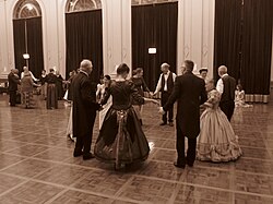 Quadrille variation involving five couples dancing at a Colonial Ball in the Albert Hall, Canberra September 2016 (sepia)