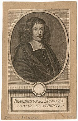 Engraving of Spinoza, captioned in Latin, "A Jew and an atheist"; he vehemently denied being an atheist.