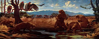 Mural of the La Brea Tar Pits by Charles R. Knight, including sabertooth cats (Smilodon fatalis, left) ground sloths (Paramylodon harlani, right) and Columbian mammoths (Mammuthus columbi, background)