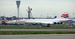 BAC Aérospatiale Concorde G-BOAB in storage at London Heathrow Airport following Concorde's grounding in 2000. This aircraft flew for 22,296 hours between its first flight in 1976 and its grounding.