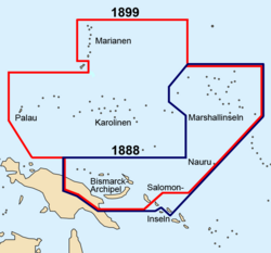 Borders of German New Guinea before (in blue) and after (in red) the 1899 German-Spanish treaty