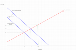 Immunization A does not have a social marginal benefit large enough to shift Q1 to Q(e), instead it lands at Q*.