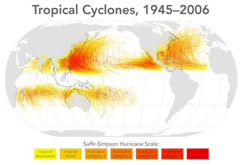 The presence of the Humboldt Current and its associated wind shear makes for conditions that inhibit the formation of tropical cyclones.[5](Worldwide tropical cyclone tracks, 1945–2006.)