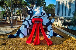 "The Golem" - a giant monster with three red tongues protruding from its mouth, which serve as playground slides, Jerusalem, made by the sculptor Niki de Saint Phalle
