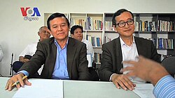Cambodia's deputy opposition leader Kem Sokha (left) was arrested in September 2017, while opposition leader Sam Rainsy (right) has lived in exile since November 2015.