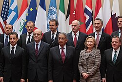 Sarkozy at the Paris Summit of 19 March 2011, which marked the start of a military intervention in Libya