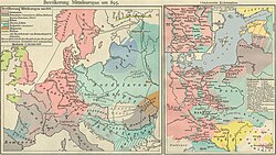 Maps depicting the Ostsiedlung, also known as the German eastward settlement. The left map shows the situation in roughly 895 AD; the right map shows it about 1400 AD. Germanic peoples (left map) and Germans (right map) are shown in light red.