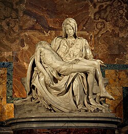 Michelangelo's 1498–99 Pietà in St. Peter's Basilica; the Catholic Church was among the patronages of the Renaissance.[86][87][88]
