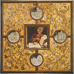 Allegory of Dante Alighieri, champion of the use of vernacular Italian for literature rather than the lingua franca, Latin. Fresco by Luca Signorelli in the cappella di San Brizio dome, Orvieto