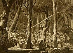 Captain Bento Lourenço opening a new road in the forests near Mucuri, engraving by Martin Esslinger, based on an original by Maximilian zu Wied-Neuwied, 1822