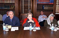 Albright with Benjamin Netanyahu (left) and Yasser Arafat at the Wye River Memorandum, 1998