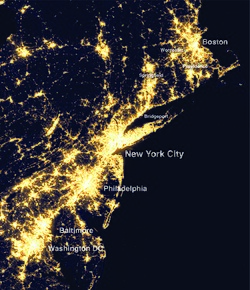 A satellite view of the U.S. Northeast megalopolis at night, the world's most economically productive megalopolis[1] with over 50 million residents, centered on New York City