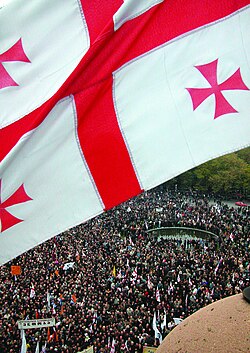 Protesters gathering at the Tbilisi Assembly Building during the Rose Revolution of 2003