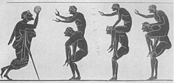 A picture copied from an amphora shows youths playing a version of handball, c. 500 BC.