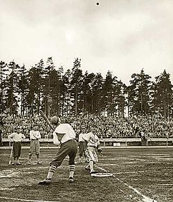 Pesäpallo, a Finnish variation of baseball, was invented by Lauri "Tahko" Pihkala in the 1920s,[103] and after that, it has changed with the times and grown in popularity. Picture of Pesäpallo match in 1958 in Jyväskylä, Finland.