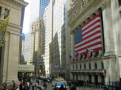 The New York Stock Exchange in Lower Manhattan is the largest stock exchange in the world by market capitalization.