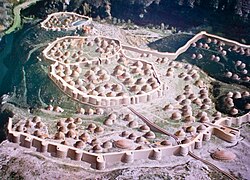 A painting of a Copper Age walled settlement, Los Millares, Spain