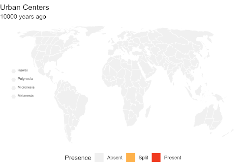 A global map illustrating the first onset and spread of urban centres around the world, based on.[14]