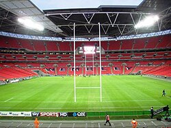 Wembley in rugby union formation, with posts up before Saracens played Worcester Warriors in 2010