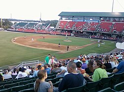 A 2011 Double-A game between the Montgomery Biscuits and Carolina Mudcats at Five County Stadium in Zebulon, North Carolina in August 2011