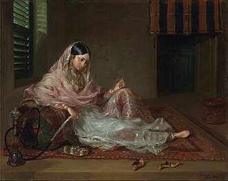 A woman in Dhaka clad in fine Bengali muslin, 18th century