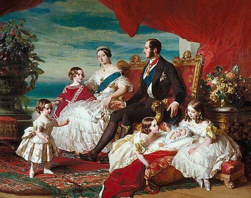 Victoria's family in 1846 by Franz Xaver WinterhalterLeft to right: Prince Alfred and the Prince of Wales; the Queen and Prince Albert; Princesses Alice, Helena and Victoria