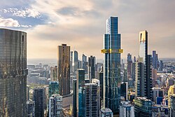 Melbourne is home of 77 skyscrapers, the tallest being Australia 108 (centre-right), the Southern Hemisphere's only 100-plus-storey building, and Eureka Tower (right), February 2021.