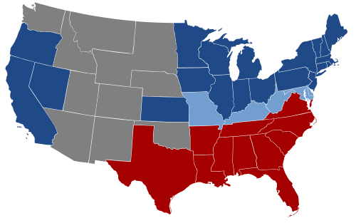 Blue indicates the Union states and light blue Union-supporting slave states (border states) that primarily stayed in Union control, though Kentucky and Missouri had dual competing Confederate and Unionist governments. Red represents seceded states in rebellion, also known as the Confederate States of America. Uncolored areas were territories, with the exception of the Indian Territory, which is present-day Oklahoma.