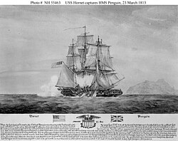 British and U.S. troops garrisoned aboard Hornet and Penguin exchanging small arms musket fire with Tristan da Cuna in the background during the final engagement between British and U.S. forces in the War of 1812