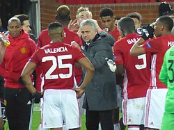 Mourinho speaking to his players during a Europa League game against Anderlecht at Old Trafford in 2017