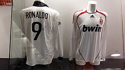 Ronaldo's Inter Milan away jersey (left) and A.C. Milan away jersey (right) in the San Siro museum. He played for Inter from 1997 to 2002, and A.C. Milan from 2007 to 2008.