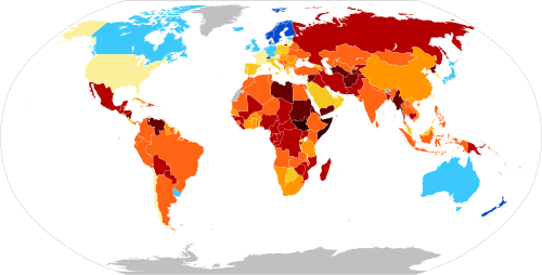 Map of the Corruption Perceptions Index, 2025, as scored by Transparency international. A higher score indicates greater transparency (i.e., less corruption). The score ranges are: Less corrupt 90–100 80–89 70–79 60–69 50–59 More corrupt 40–49 30–39 20–29 10–19 0–9 No data