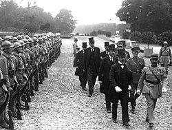 The Hungarian delegation arriving to Grand Trianon Palace at Versailles, to sign Treaty of Trianon, that cede territory of Slovakia (Upper Hungary) to Czechoslovakia after World War I, 1920