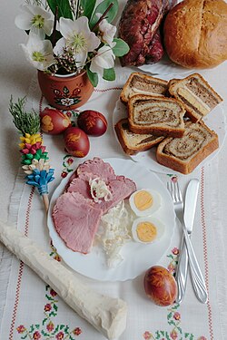 Potica as part of a traditional Slovenian Easter breakfast