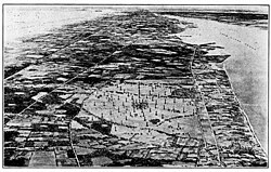 Illustration of how a fully built RCA Radio Central facility at Rocky Point, Long Island, New York would have appeared. Only two of the twelve "antenna spokes" were actually built.[15]