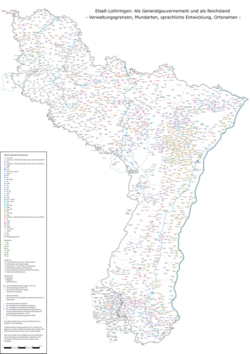 Alsace-Lorraine as general government (1870) and as Reichsland (1871–1918): place names, administrative boundaries, borderlines of German dialects and linguistic development up to 1905.